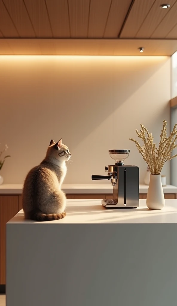 "A modern minimalist cat café with sleek design, a cat sitting on a clean counter next to an espresso machine, soft ambient lighting, tranquil and sophisticated ambiance."