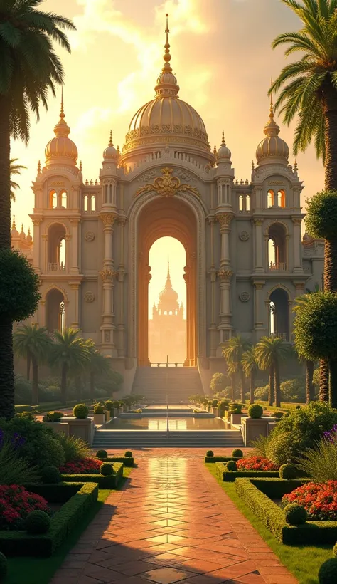 The camera shows a beautiful, grand palace with lush gardens and towering gates in golden sunlight.