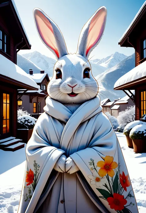 Wrapped in a blanket　cute　Smiling Rabbit 　 in a stylish hotel　 snow outside 　 Premium 　 best quality　 high quality　High sense　 high grade　 high contrast 　 photon mapping　Double Exposure　happiness　flower　Gorgeous