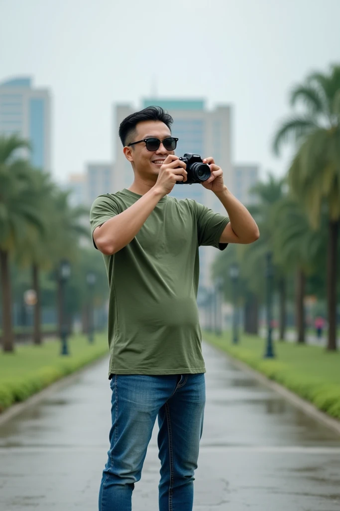  Photo Result A middle-aged man aged about 34 is taking a photo at an iconic place in Bogor
Bodied males are not thin but also not fat,  neat short hair in black ,  wearing sunglasses ,  wearing a green T-shirt and unbuttoned jeans , blue jeans, white nike...