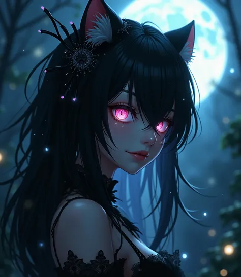 Create an atmosphere so mysterious gothic vibes and moonlight joinHigh Resolution, Masterpiece, High Details, Hair Between Eyes, Kemonomimi Mode, Drooling, Depth Of Field, Sparkle, 