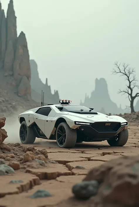 Robot car, white color,on the death world 