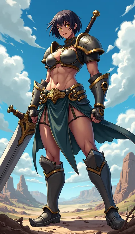 Create an image of a muscular woman with short black hair and yellow eyes in anime style with an angry face 1.80 meters in armor and holding a large sword larger than her resting on her shoulder on a battlefield