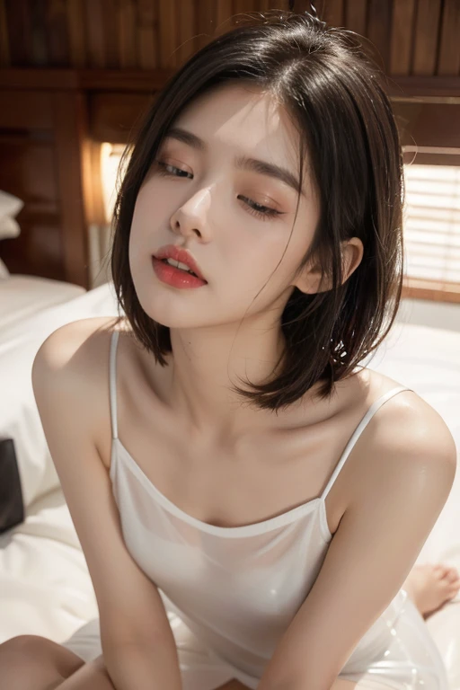 Best Quality， masterpiece， 8k， super high definition， （Realistically：1.5），  RAW photos from the last century， ， nice wet skin ，  long lashes、 open your eyes slightly 、bass， Sitting on the bed ，Bright room， sexy look,((Outfit that lets light through ))，((wh...