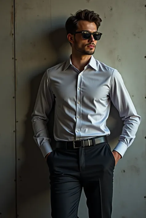  anatomically correct , plano general, Dress shirt, Modern and elegant dress, full body,((A handsome man, wearing dark sunglasses modern hairstyle  , male model modern clothing he is in chanclillas on a wall, in an industrial building, Full body portrait s...