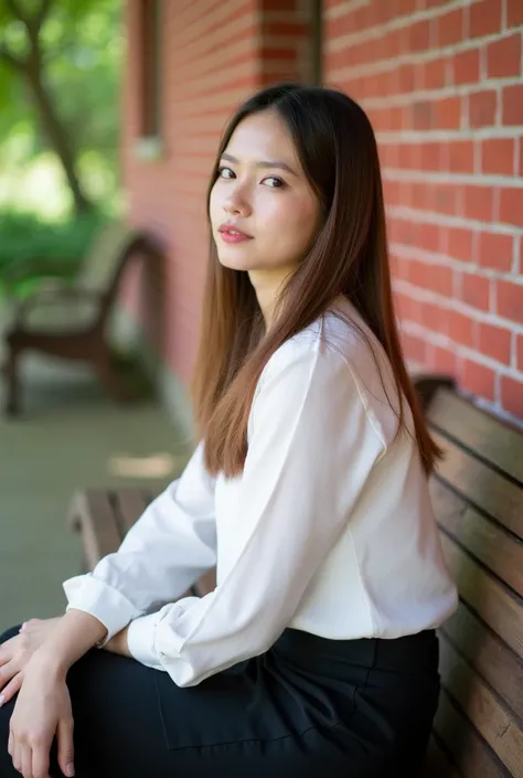 woman sitting outdoors on a wooden bench near a red brick wall. She has long, straight brown hair and is dressed in a white blouse and a black skirt, appearing thoughtful and relaxed. The setting includes soft natural lighting and blurred green foliage in ...