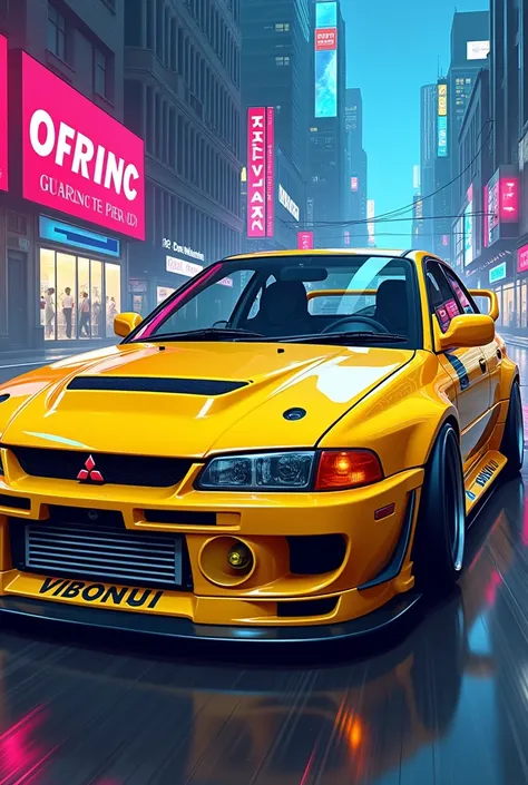 Generate a yellow Mitsubishi Lancer Evo IV 1994 stock in anime style 