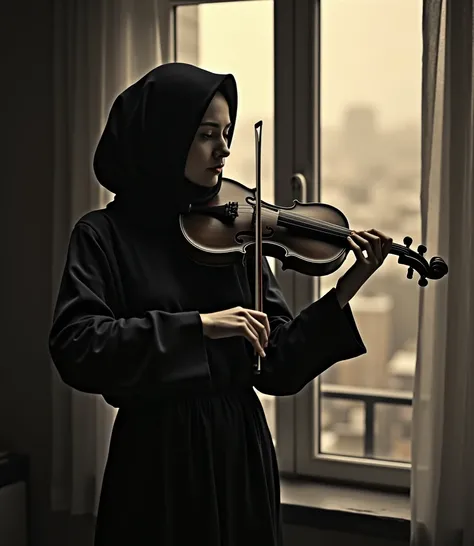 arafed woman in a hijab plays the violin in front of a window, b&w photo, violin, monochrome:-2, old picture, musician, inspired by Nazmi Ziya Güran, inspired by Bernardino Mei, monochrome black and white, monochrome bw, by Basuki Abdullah, sepia tone, sty...