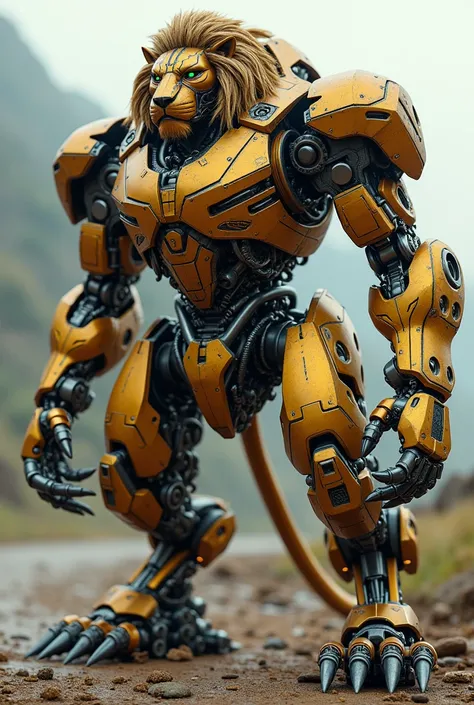  Imagine a Transformer that becomes a gigantic mechanical lion .  Its design is a combination of advanced technology and animal aesthetics ,  merging elements of futuristic machinery with the elegance and strength of a real lion .  The robot lion has a com...