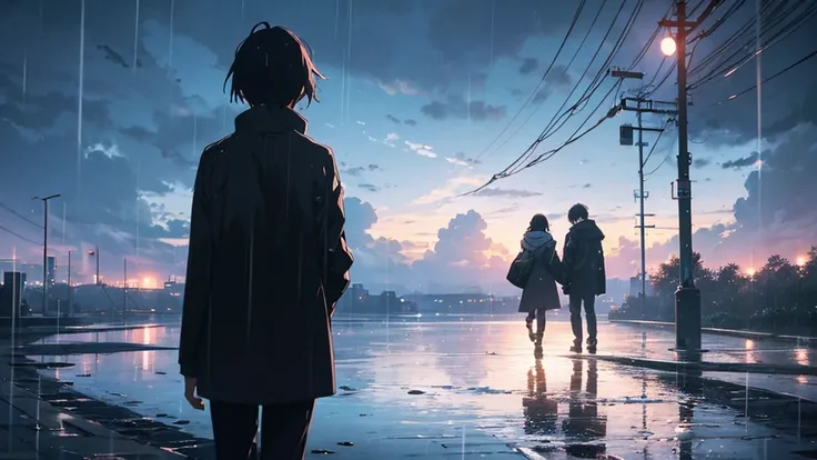 Pale Tone , Night sky, black,back ground in black, Everyday Scenes,  terribly blurry background , rain,  2 people ,cloud,rain,Pouring rain, shortcuts,Makoto Shinkai-style anime