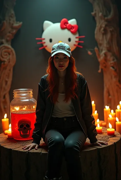 Cinematic potograpy A beautiful asian woman with brown flame-red hair with a white snapback hat on her head wearing a black jacket hellokitty motif black jean pants booth shoes smiling in the foreground in silence at night sitting on a tree trunk like a ch...