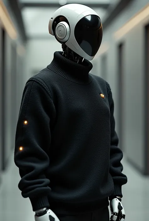 A robot with a black sweater 
