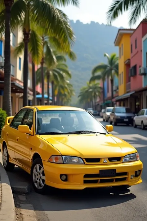 Generate a yellow 1997 Mitsubishi Lancer glx from Colombia 