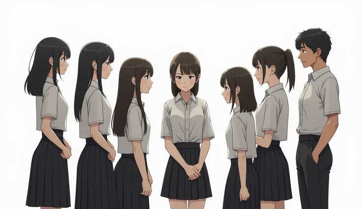 일본풍 2D illustration. .  There are 7 students standing in the same school who look like high school students. All 7 are girls and mature .  The students are all looking in front of the screen and talking . There is a gap between students . There is no surro...