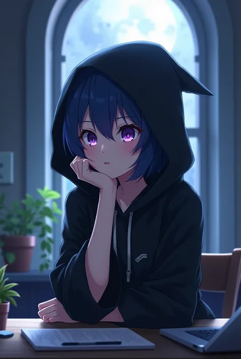 2d anime, girl, pretty, mystical, navy blue short hair, purple pupil, on desk, fantasy, 
black hooded, black robe, moonlight, in front of the window, 
slightly smiling, rest your chin