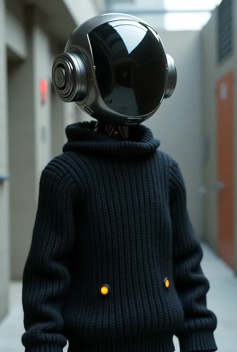 A robot with a black sweater

