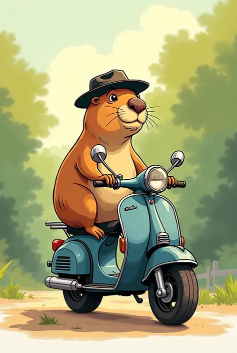 Sketch capybara with hat sitting on a motorbike