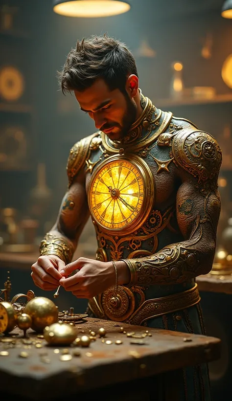 "The watchmaker begins to merge with his creations. Gears and golden clockwork emerge from his skin, intertwining with his veins. His hands now move with clock-like precision, their motions smooth and deliberate.

A glowing, circular timepiece becomes embe...