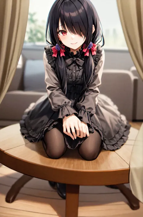 1girl, solo, kneeling, seiza, cckurumi, long hair, low twintails, hair flower, hair over one eye, hair bow, gothic, black dress, ribbon, pantyhose, slippers, sitting, smile, looking at viewer, leaning forward, indoors, living room, television, window, plan...