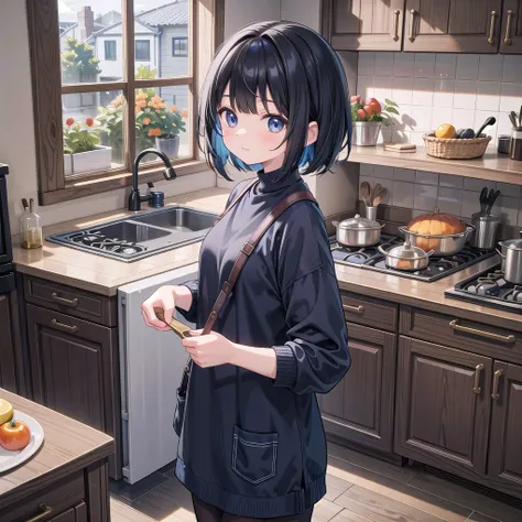 best quality.A young girl with a black shaggy bob hairstyle stands in a warm, autumn-inspired kitchen. She is wearing a navy blue sweater, exuding excitement and determination as she prepares to start cooking. The kitchen is slightly cluttered with cooking...