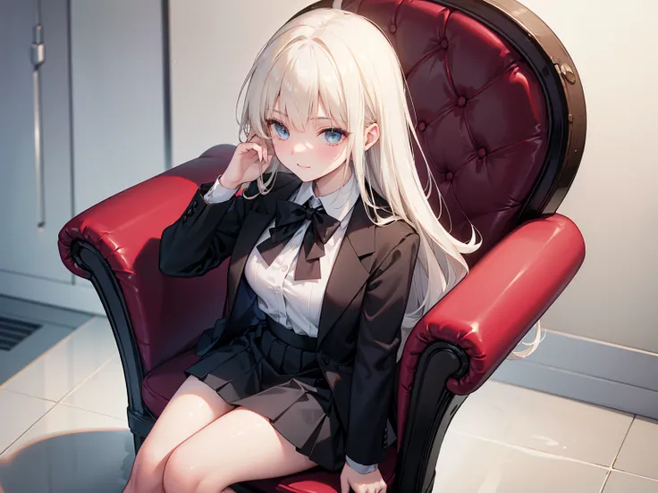 (( masterpiece )), (Smooth skin ), ((high detail)),    won the Best Quality Award  , 8K,     pretty girl ,    suit jacket， White Shirt ， black pleated skirt   ,    Black Pantyhose , Black leather shoes,   soft smile，Smile gently， full body portrait，   sitt...