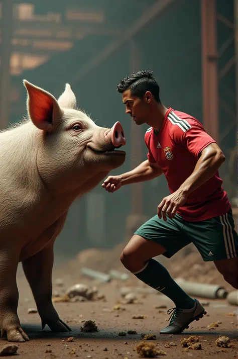 Generate the hyper realistic image of Cristiano Ronaldo fight with pig 