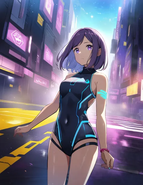 1 girl,nohara rin ,in a swimsuit,In the background, cyberpunk cities