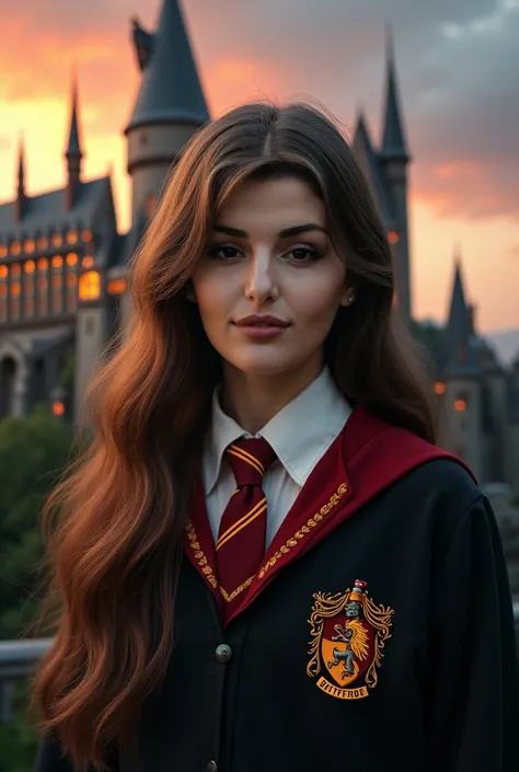 A beautiful girl with long brown hair wearing Gryffindor school uniform, detailed face and features, brown eyes, detailed lips, intricate and detailed Gryffindor crest and trim on the uniform, Hogwarts castle in the background, cinematic lighting, vibrant ...