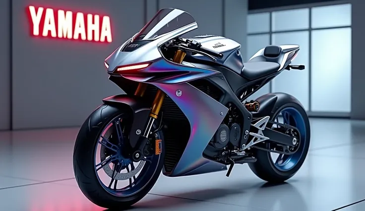 Generate a high-resolution, fully realistic image of a ( 2025 Yamaha R15 V5 ) in ( Color ) , with a sleek and modern exterior, futuristic wheels, and a shimmering body color, displayed in a luxurious showroom with a large logo on the back wall. The image s...