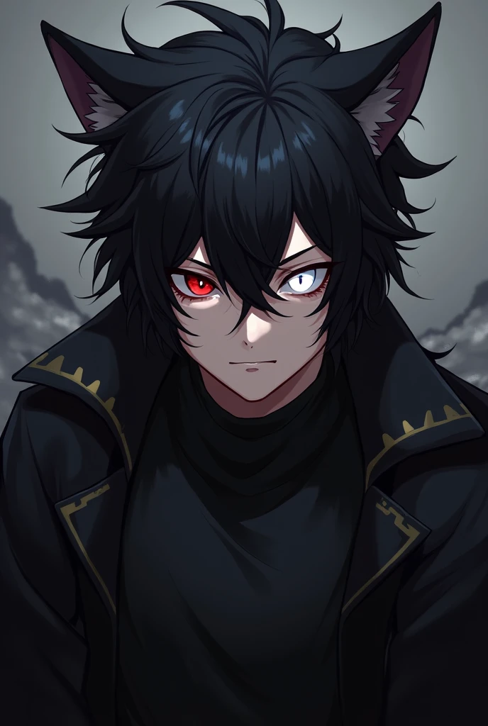 Anime version man with black wolf ears ,  with red right eye and white left eye,  black clothes 