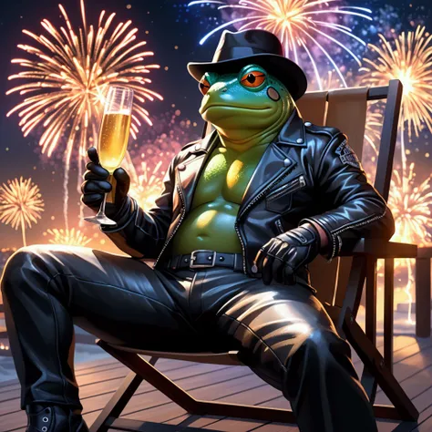 Closeup, An extremely badass anthropomorphic light blue and white bullfrog wearing an insanely cool black leather Harley Davidon biker jacket open, black fedora, black leather biker gloves, black leather biker biker pants, celebrating the new year in a bea...