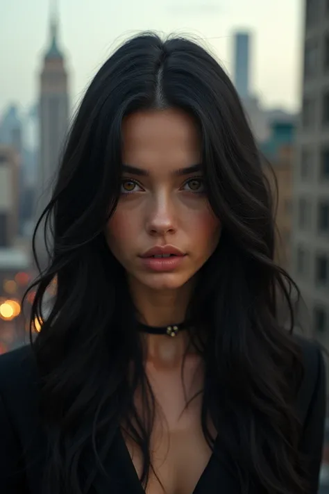 Create a long-haired, black-haired white woman with brown eyes in the big city of New York 