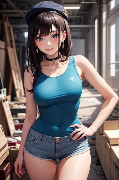 A beautiful girl standing on her hip in an abandoned factory at night, anime girl, sexy girl, white tank top, big rounds breasts, pink shorts, white sneakers, shapely thighs, beautiful legs, slim waist, dark brown hair, long bangs, long hair, wavy hair, sh...