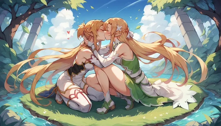  two girls　Leafa（ Sword Art Online）　Asuna（ Sword Art Online）　 is kissing　 full body view