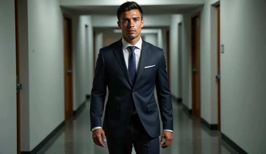 ronaldo in a suit, extremely detailed skin, walking in the hallway.