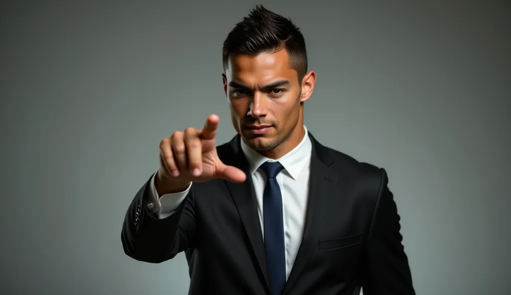 full body portrait of ronaldo in a suit, extremely detailed skin, pointing at viewer with an angry face.