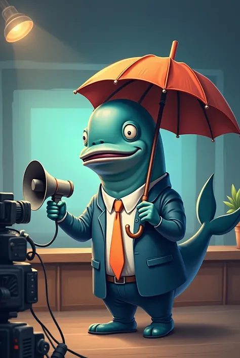 caricature sperm whale news anchorman holding a speaker and umbrella