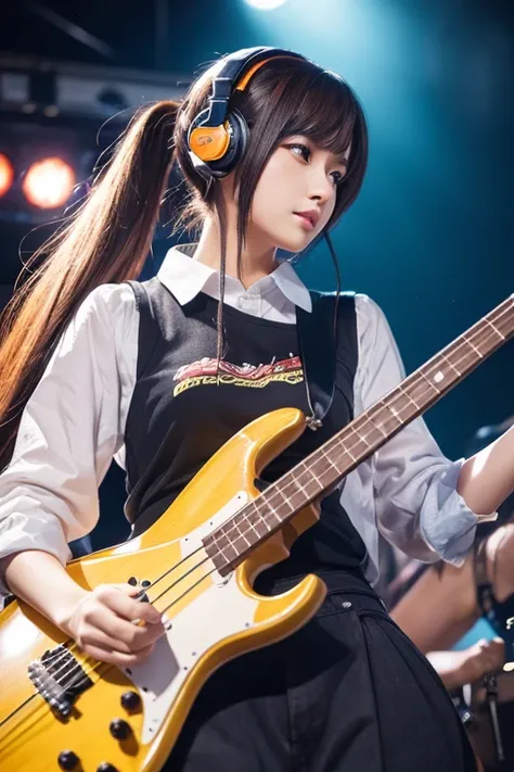 (( best quality)), ((masterpiece)), Anime-style girl, part of a girls band, wearing headphones, bassist, side profile, twin-tails hairstyle, wide pants, intricate details, vibrant and dynamic composition, professional anime artwork, high-quality illustrati...