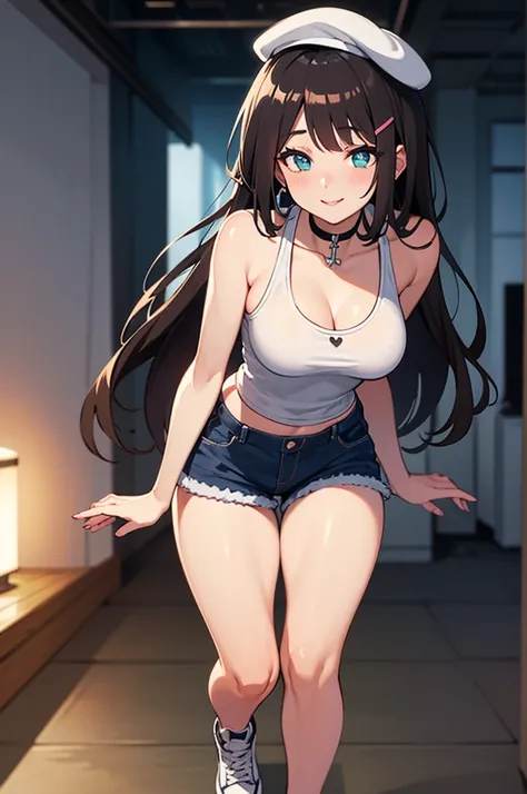 A beautiful girl standing on her hip in an abandoned factory at night, anime girl, sexy girl, white tank top, big rounds breasts, pink shorts, white sneakers, shapely thighs, beautiful legs, slim waist, dark brown hair, long bangs, long hair, wavy hair, sh...