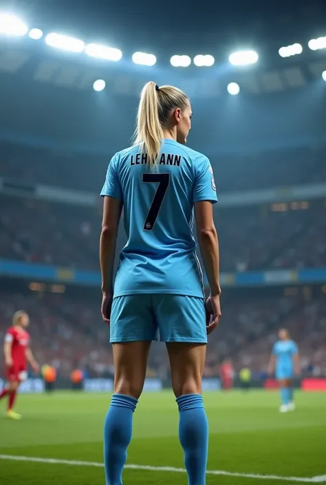 On a grand soccer stage under stadium lights, a determined athlete wearing a sky-blue jersey with "Lehmann" and the number 7 stands poised on the field. Her platinum blonde ponytail cascades down, reflecting her focus and confidence. The background showcas...