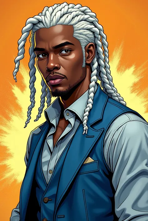 Create a man, Young, negro, com Dreadlocks brancos, using a shirt, One and a blue suit vest in the art style Comic book