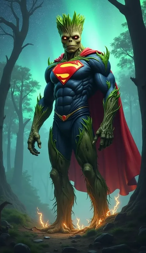 Design a hybrid creature that combines the characteristics of Superman and Groot into a colossal, mystical being. This monster must have Groots robust body, made of wood and leaves, but with the cape and Superman symbol on his chest. His face must mix Groo...