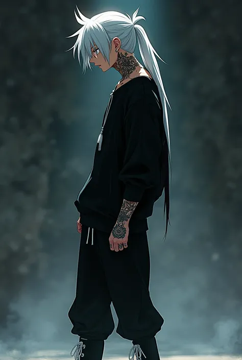 Create a character Cinematic anime of a cool guy model (Takiya Genji) with long emo hair in a mohawk style tied in a white ponytail, a tattoo on his neck, wearing all black clothes, his whole body visible from the side, atmosphere Gripping, memakai celana ...