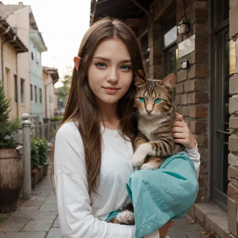 Cute smiling teenage elf animated girl with blue-green eyes and long brown hair carrying a cat in her arms