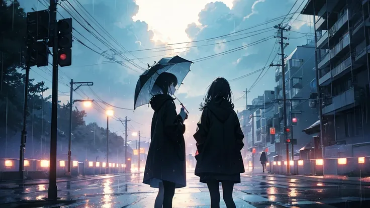 Pale Tone , Night sky, black,back ground in black, Everyday Scenes,  terribly blurry background , rain,  2 people ,cloud,rain,Pouring rain,遠くに見える街,曇り空