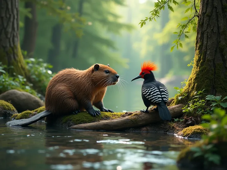 Beaver and Pica-pau, a lush forest riverbank with tall green trees and thick vegetation, the beaver is busy building a dam with large wooden branches while the pica-pau pecks at a nearby tree trunk, the beaver has thick brown fur and a flat, wide tail, the...