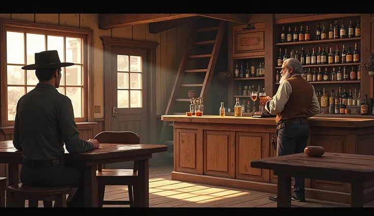  scene of the Wild West , bar saloon,  wooden bench , Chairs, tables, window, ladder next to ,  old bearded man answering ,  placing a glass of schnapps on the counter
