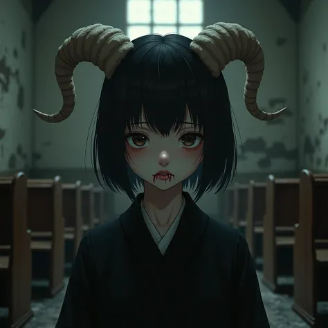 a japanese girl, black short hair, black kimono, has a pair of lamb horn, in the abandoned church, mouth close up, cry blood, sad face, vampire fang, low light, realistic, asian