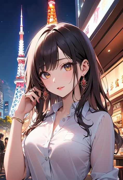 masterpiece,best quality,ultra detailed,high resolution,16k, beautiful,   1 girl,  black long hair by lla,Business shirts、 earrings for a woman alone, Outdoor、Married Woman,sunlight、Clear skies、Cafes in Tokyo、Skyscrapers in the background、 Tokyo tower 、bew...