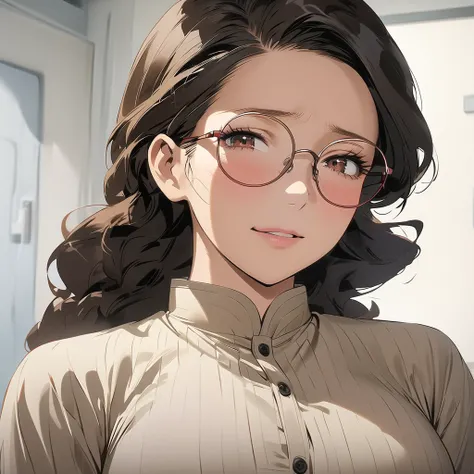 1 female, mature lady, (smiling:0.4), ((sad expression)) , very long wavy dark-brown hair, long eyelashes, brown eyes, large breasts, eyeglasses, white buttoned shirt, (in a hospital room), (half-body image:1.3), masterpiece, ultra HD, anime style, (my her...